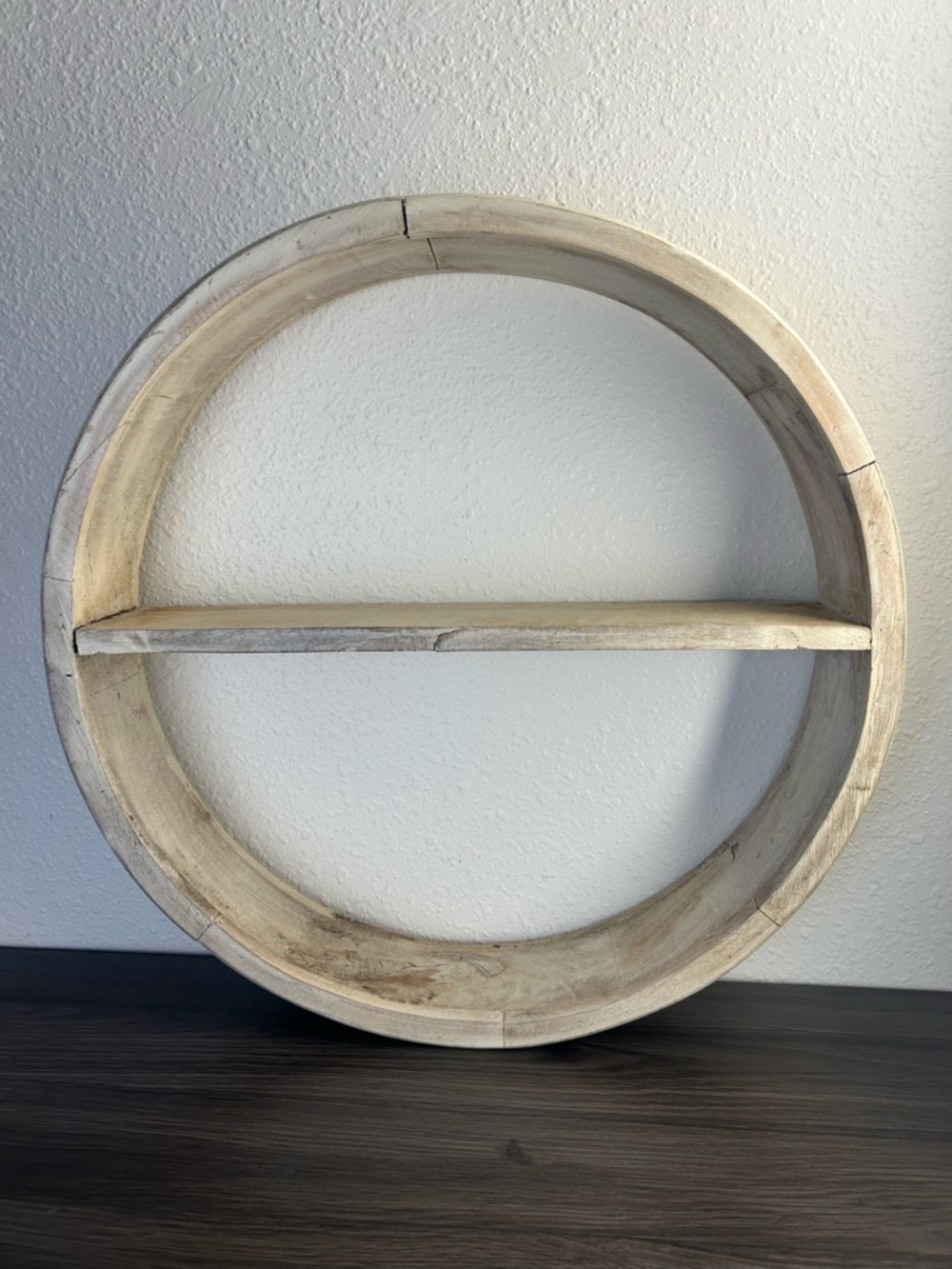 Vintage Round Wood Wall Shelf Rustic Whitewashed Farmhouse 20.5”